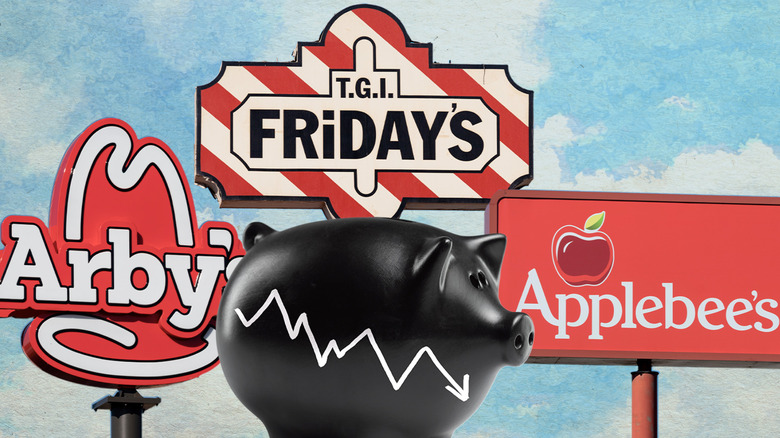 Composite image of restaurant chain signs, like TGI Fridays, Arby's, and Applebee's, all in front of black piggy bank with white arrow trending down