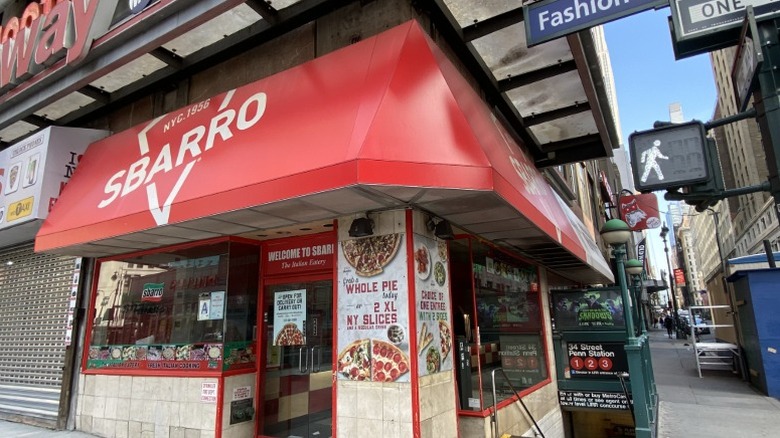 Sbarro restaurant exterior on New York City city street corner