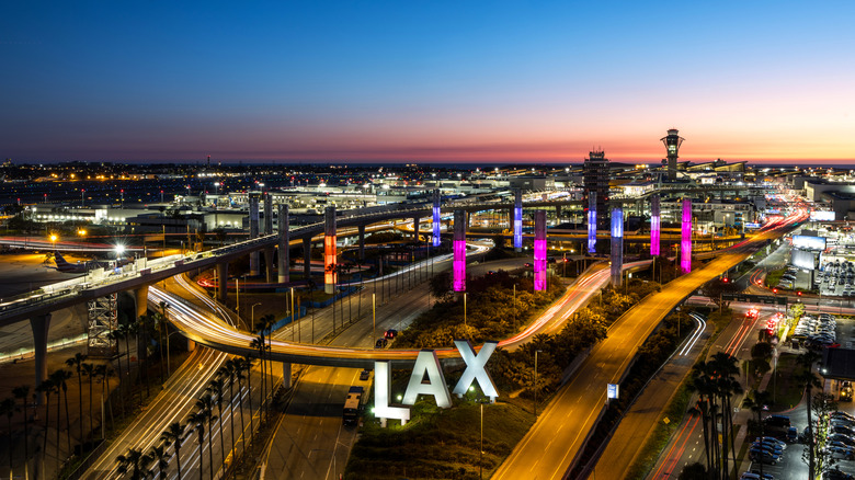 Aerial view of interstate entrance to Los Angeles International Airport with LAX sign