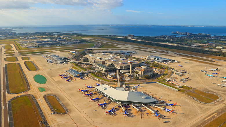 Aerial view of tarmac, airplanes, and airport at Tampa International Airport