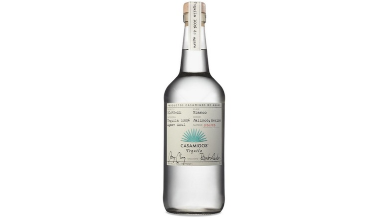 A view of a bottle of Casamigos Tequila Blanco on a white background.