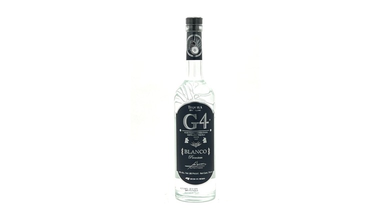 A bottle of G4 Tequila Blanco 108 on a white background.