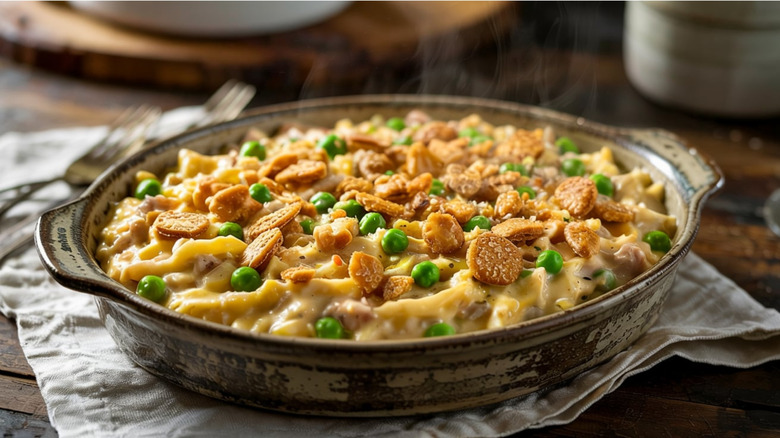 Classic tuna noodle casserole topped with croutons and peas