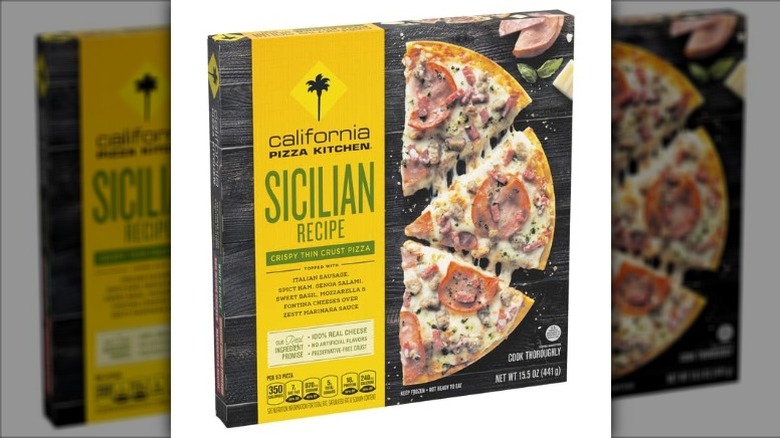California Pizza Kitchen Sicilian Recipe Crispy Thin Crust Pizza in cardboard packaging on a white background.