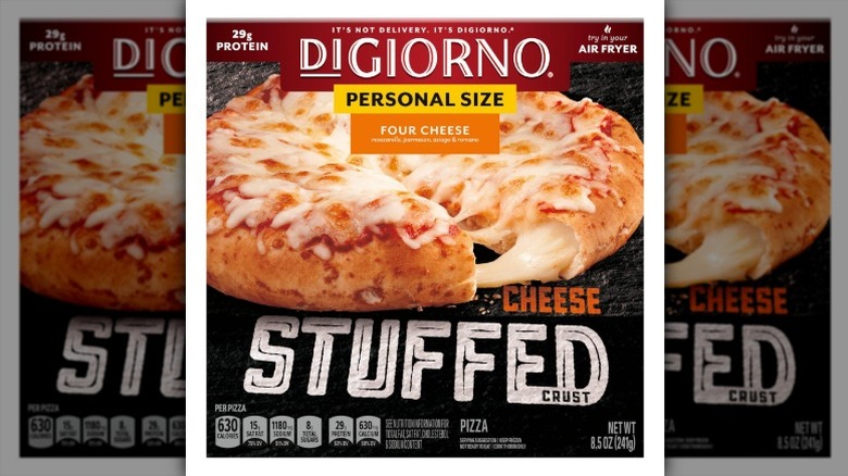 DiGiorno Four Cheese Stuffed Crust Personal Size Pizza in cardboard packaging on a white background.