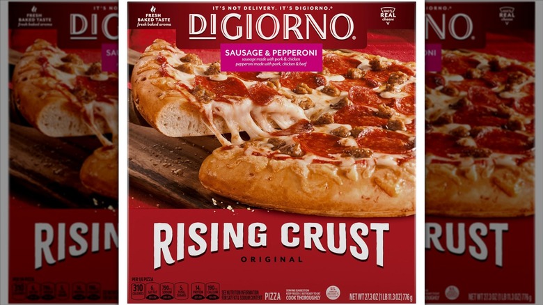 DiGiorno Sausage and Pepperoni Rising Crust Pizza cardboard packaging on a white background.