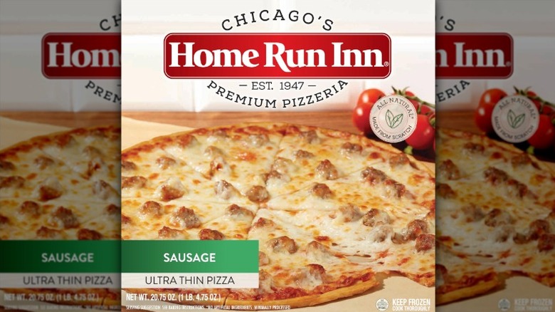 Home Run Inn Ultra Thin Sausage Pizza in cardboard packaging on a white background.