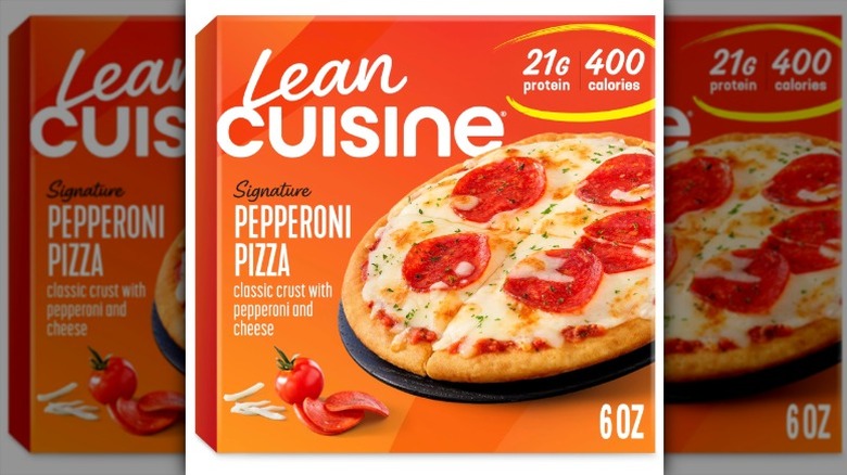 Lean Cuisine Signature Pepperoni Pizza in cardboard packaging on a white background.