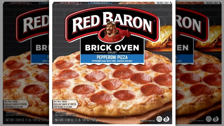 Red Baron Brick Oven Crust Frozen Pepperoni Pizza in cardboard packaging on a white background.
