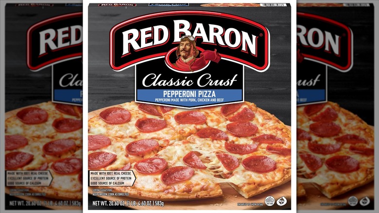 Red Baron Classic Crust Frozen Pepperoni Pizza in cardboard packaging on a white background.