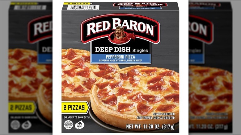 Red Baron Deep Dish Singles Pepperoni Pizza in cardboard packaging on a white background.