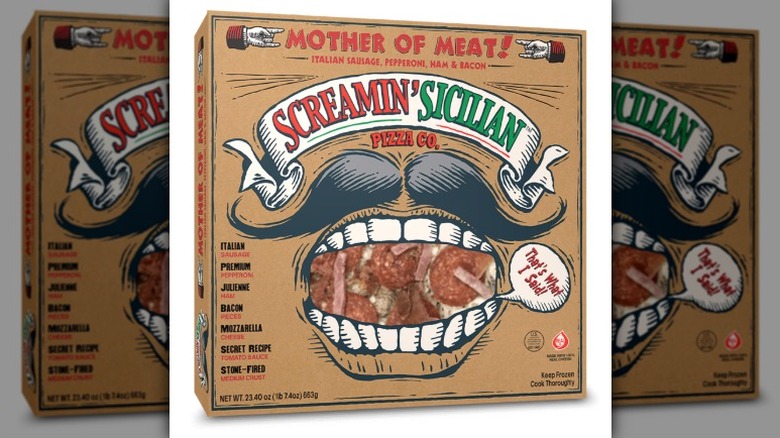 Screamin' Sicilian Pizza Co. Mother of Meat! pizza in cardboard packaging on a white background.