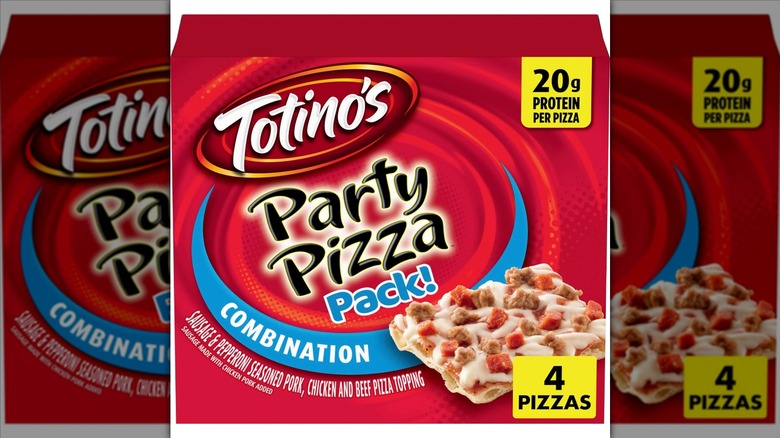 Totino's Combination Party Pizza Pack in cardboard packaging on a white background.