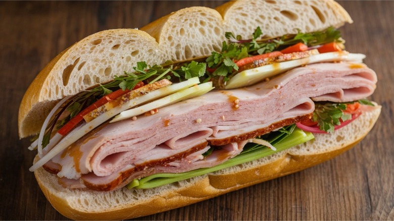 Bánh mì is a Vietnamese baguette, often filled with meats, vegetables, and condiments, blending French and Vietnamese culinary traditions.