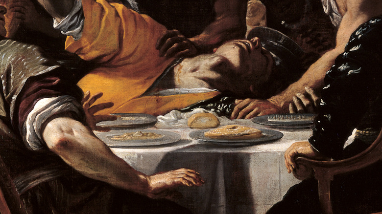 A painting of a man drying at a feasting table