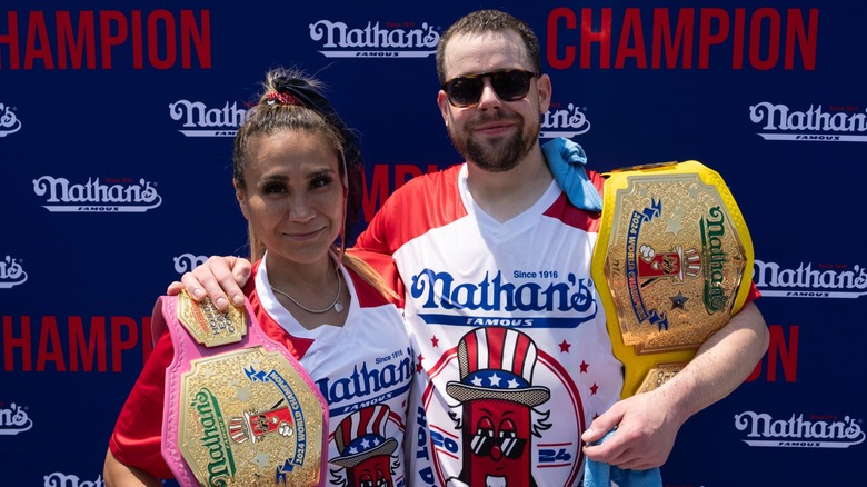 2024 Nathan's Hot Dog Eating champions Miki Sudo and Patrick Bertoletti