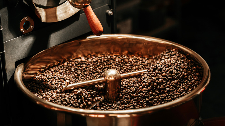 A rotating copper coffee roasting machine full of dark coffee beans.