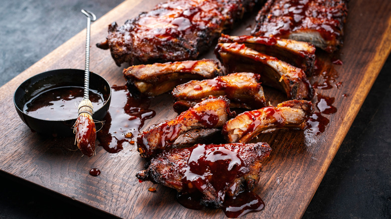 Barbecue spare ribs on wooden cutting board