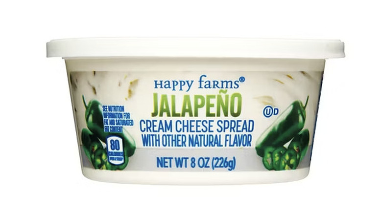 A tub of Happy Farms Jalapeno flavored Cream Cheese Spread