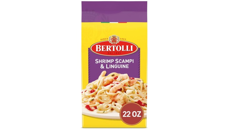 A package of Bertolli Shrimp Scampi and Linguine on white background