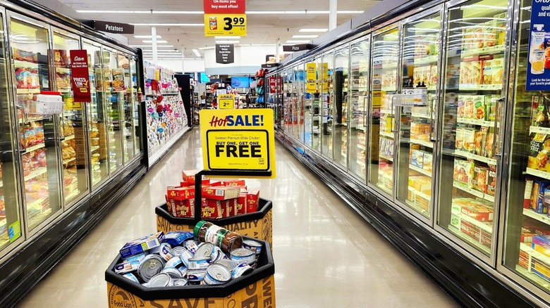 The frozen food aisle at a supermarket.