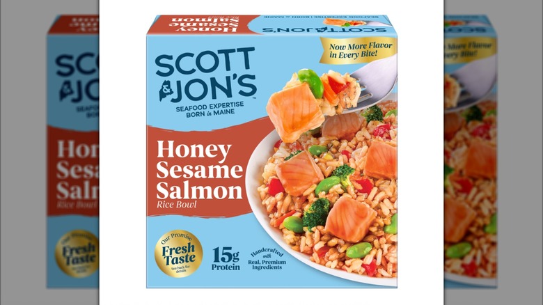 A box of Scott & Jon's Honey Sesame Salmon Rice Bowl on a white background