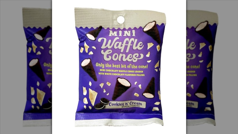 A bag of Cookies n' Cream Mini Waffle Cones on a white background.