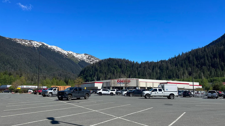 Exterior of an Alaskan Costco, parking lot in foreground