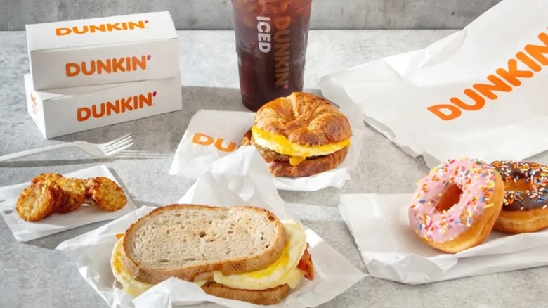 An assortment of items from Dunkin'.