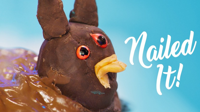 A close-up of one of the failed "Nailed It!" cakes