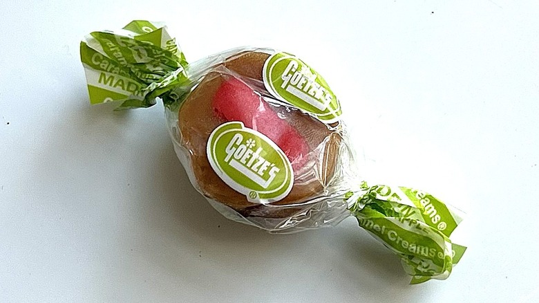 A single wrapped Goetze's Caramel Apple Caramel Cream candy