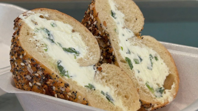 Everything bagel with scallion cream cheese at Benny's Bagels