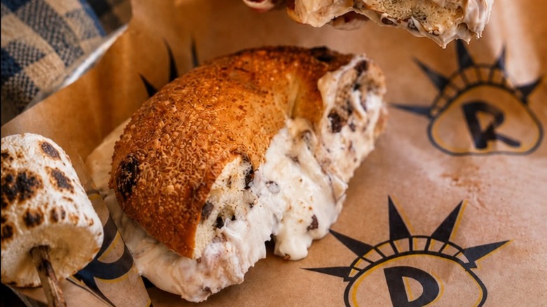Bagel special of chocolate chip graham cracker bagel with marshmallow S'mores schmear at Rosenberg's Bagels and Delicatessen