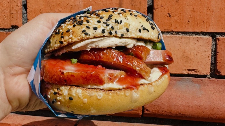Loaded bagel sandwich at Macon Bagels