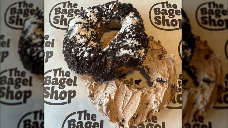 Oreo bagel with Oreo cream cheese at The Bagel Shop