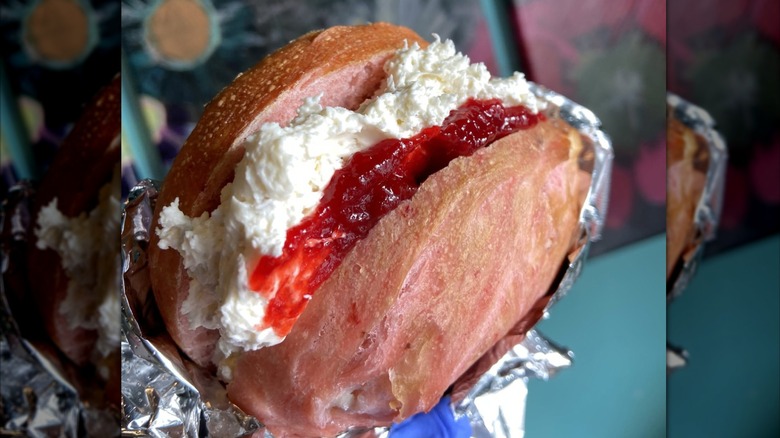 White Chocolate Raspberry bagel with Cheesecake Schmear and Raspberry bits at Bakers Haus