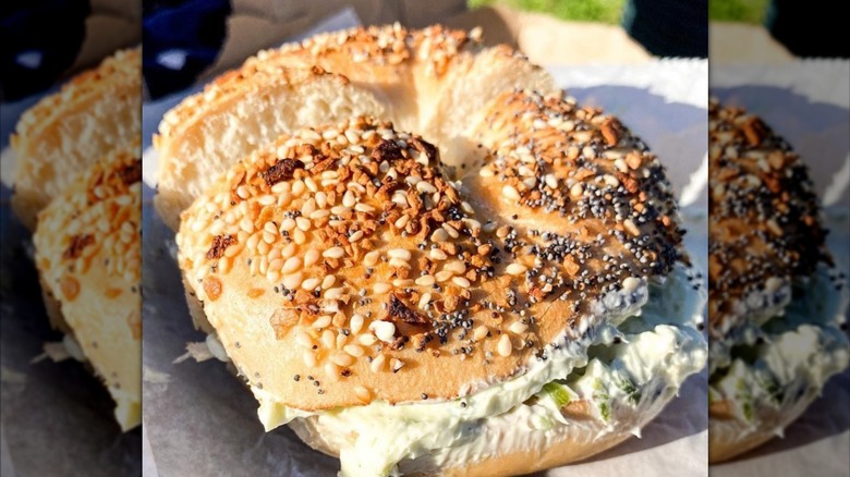 Special Jalapeño Lime Cream Cheese on an Everything Bagel at Humble Bagel