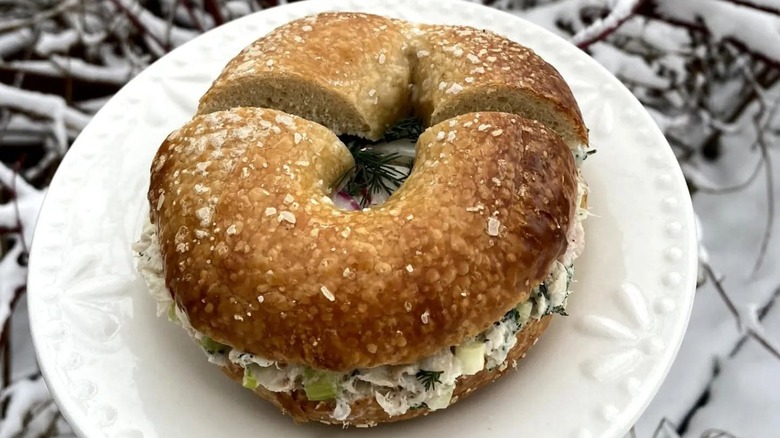Whitefish salad bagel sandwich on plate at Asa's Bakery