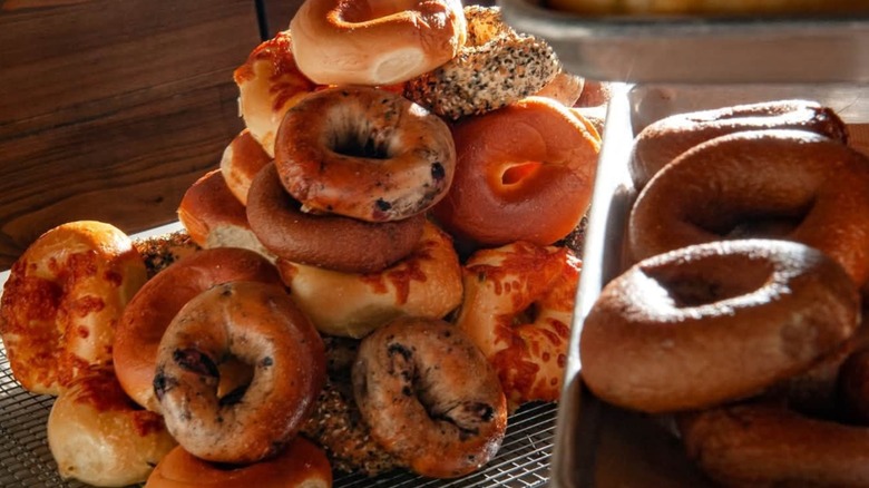 Assorted bagels loosely arranged and in a tray at Leña Pizza + Bagels