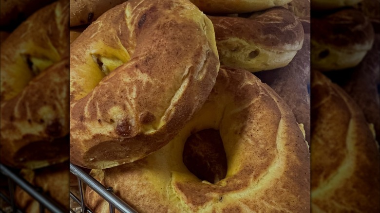 Close up of cinnamon raisin bagels in basket at Big Dave's Bagels & Deli