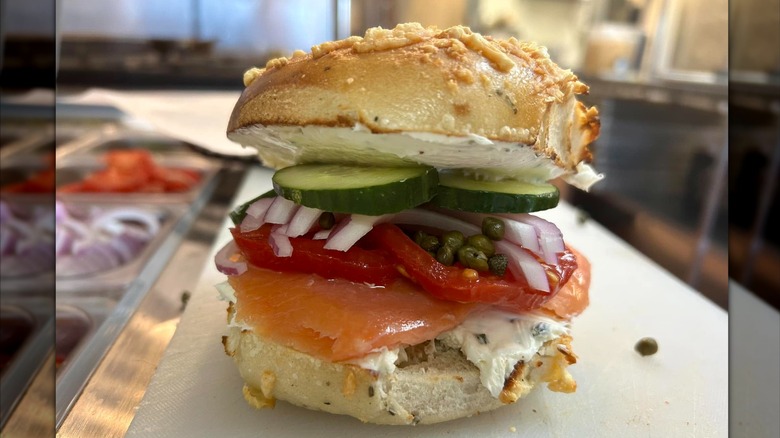 Lox Sandwich on Rosemary Parmesan bagel at Horizon Bagels & Cafe