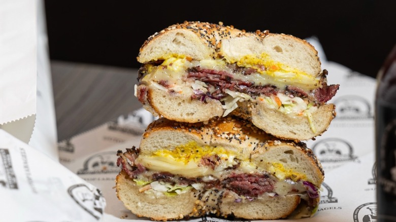 New Yorker bagel sandwich with Pastrami, Swiss, Coleslaw and Mustard at Utopia Bagels