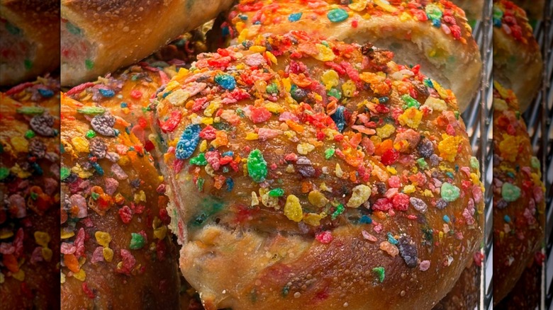Close up of Fruity Pebble Bagels at Family Dough Bagels