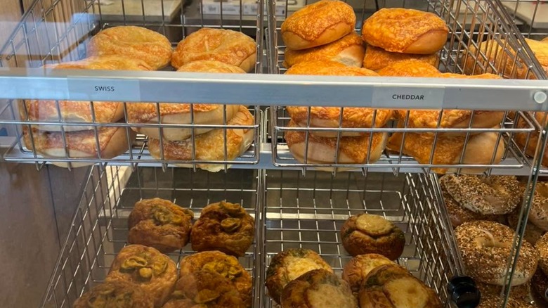 display case of Swiss cheese, cheddar, everything, and jalapeño bagels at Boppa's Bagels
