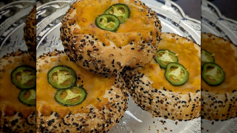Three jalapeño cheddar everything bagels at Bears Bagels