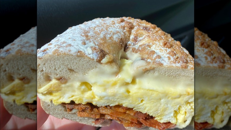 Bacon, egg and cheese on a cinnamon crunch bagel at Cafe Tempo Coffee House