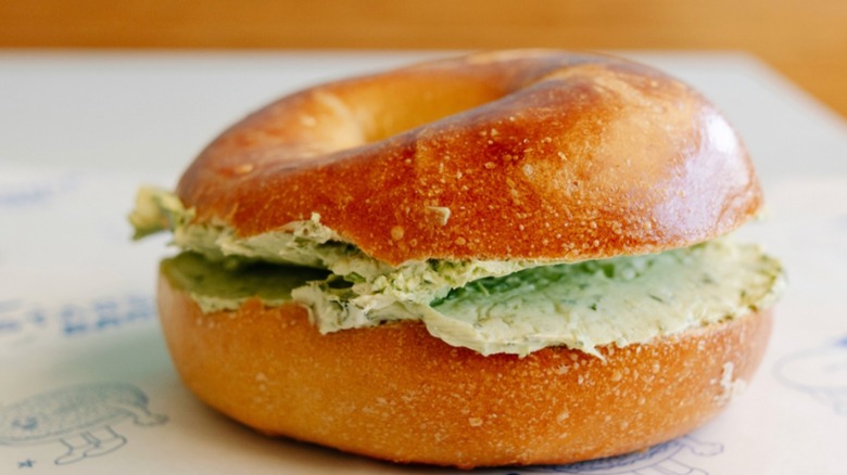 Plain bagel with Basil schmear at Starship Bagels
