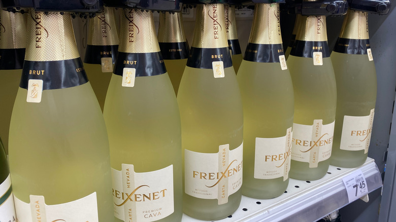 Bottles of Freixenet sparkling wine on a store shelf