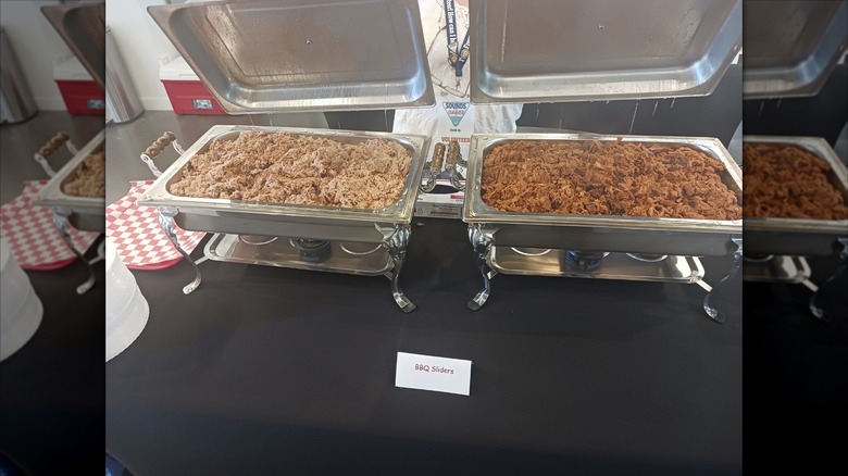 Carolina pulled pork and Texas sauced pulled chicken in chafing dishes