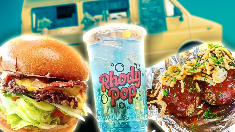 Composite image of a yellow food truck and various food and drink